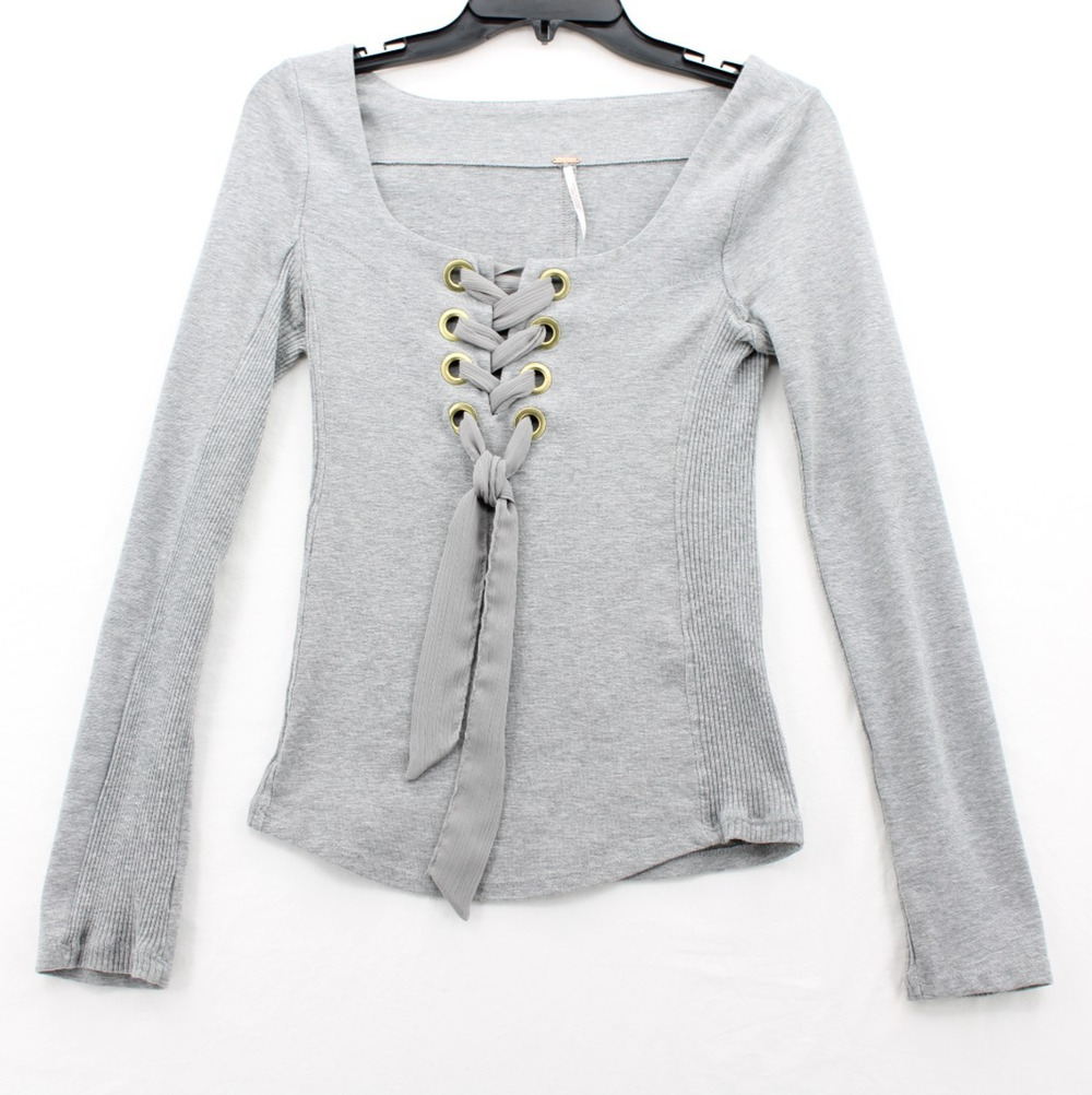 FREE PEOPLE Looking Back Gray Lace Up Long Sleeve Ribbed Knit Top Womens Small
